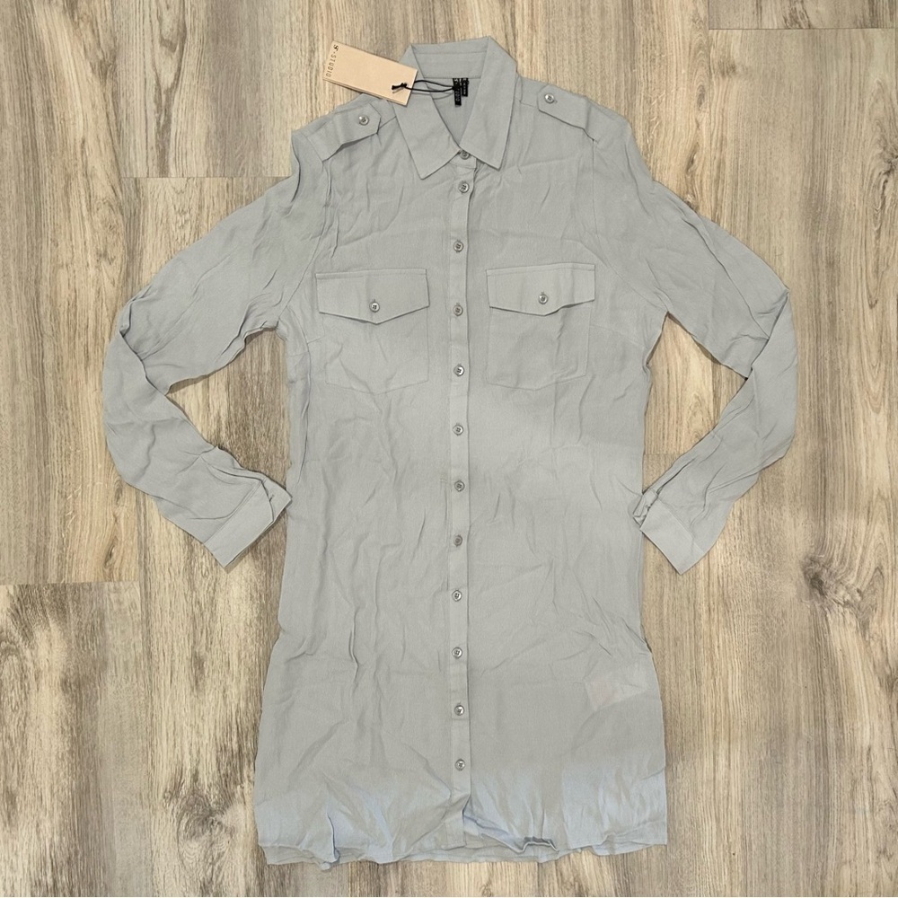 NWT SuperTrash ST Studio Blue Sheer Long Sleeve Button Down Shirt Dress Size S